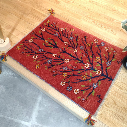ペルシャ ギャッベ 玄関マット 85x60cm 美しい生命の木 朱色 