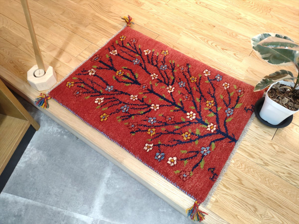 ペルシャ ギャッベ 玄関マット 85x60cm 美しい生命の木 朱色 ギャッベ