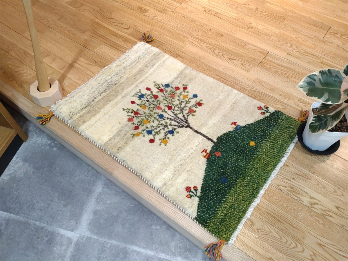 本物 玄関マット 手織り 61×85cm ギャッベロリバフざくろの木 ペルシャ