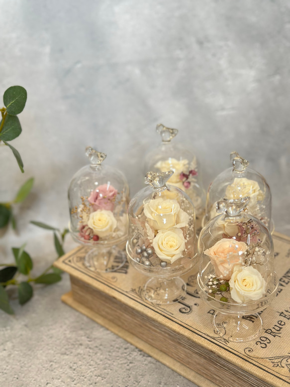 ♡プリザーブドフラワー　ガラスドームアレンジ（小鳥）♡お供えにも　神具　仏具2024 3枚目の画像