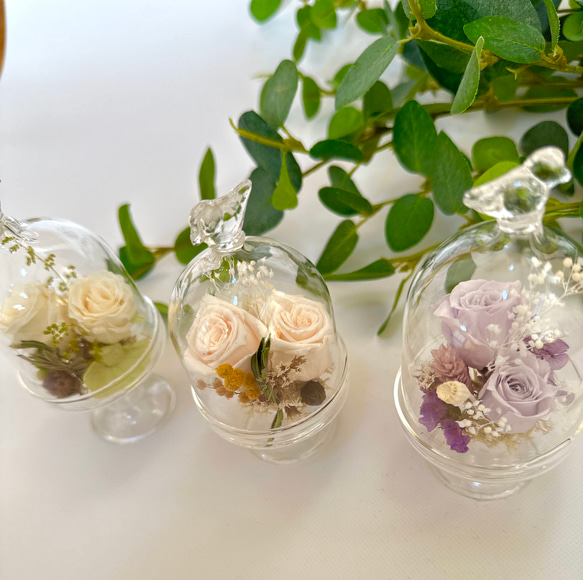 ♡プリザーブドフラワー　ガラスドームアレンジ（小鳥）♡お供えにも　神具　仏具2024 8枚目の画像