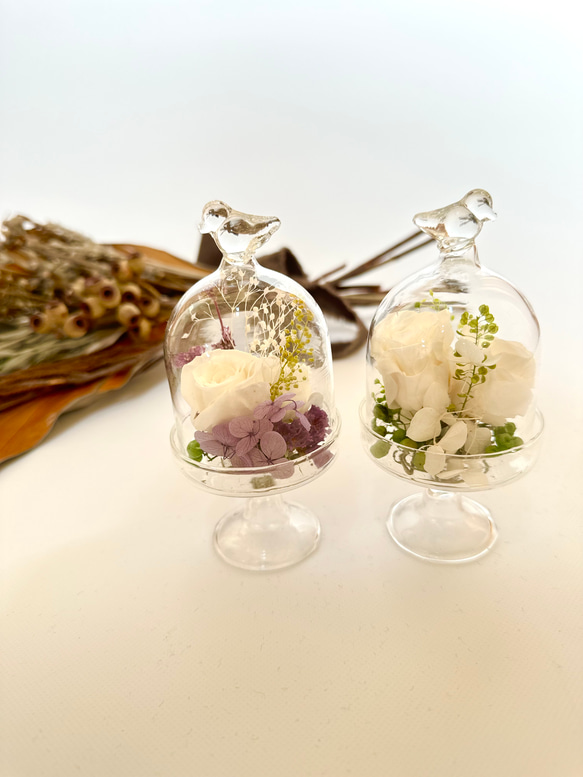 ♡プリザーブドフラワー　ガラスドームアレンジ（小鳥）♡お供えにも　神具　仏具2024 4枚目の画像