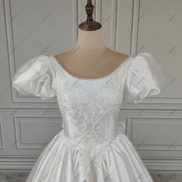 レトロパフスリーブ手作りビーズクラシカルプリンセスラインウェディングドレス結婚式 二次会ドレス 195-1 