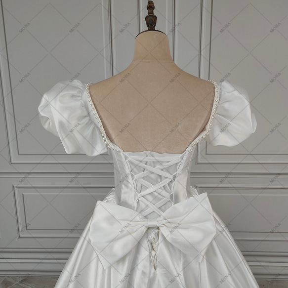 レトロパフスリーブ手作りビーズクラシカルプリンセスラインウェディングドレス結婚式 二次会ドレス 195-1 