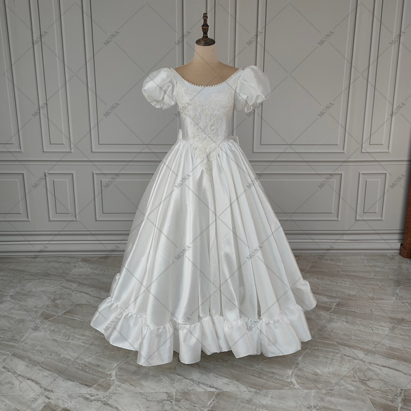 レトロパフスリーブ手作りビーズクラシカルプリンセスラインウェディングドレス結婚式 二次会ドレス 195-1 