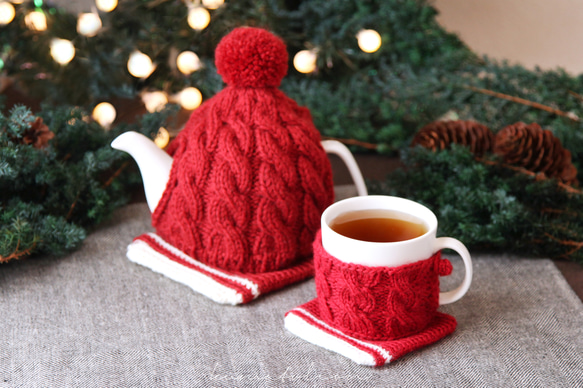 ティーコージー＆ポットマット ワインレッド [受注制作] ニット ウール 編み物 毛糸 ギフトラッピング クリスマス 7枚目の画像