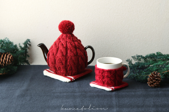 ティーコージー＆ポットマット ワインレッド [受注制作] ニット ウール 編み物 毛糸 ギフトラッピング クリスマス 10枚目の画像