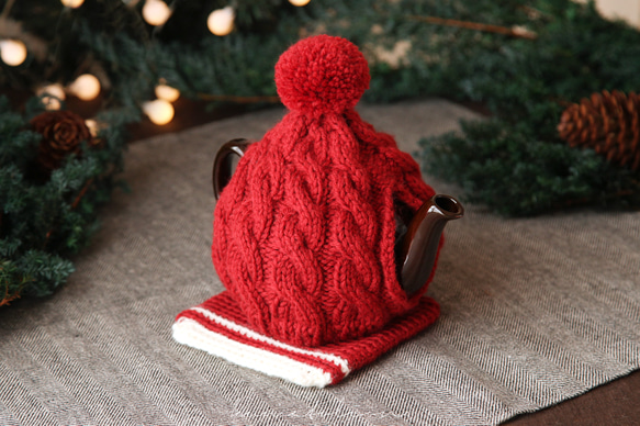ティーコージー＆ポットマット ワインレッド [受注制作] ニット ウール 編み物 毛糸 ギフトラッピング クリスマス 5枚目の画像