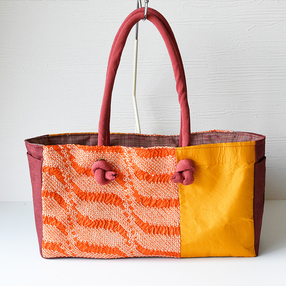 着物リメイクバッグ【横長スクエアバッグ 橙絞り】トートバッグ 和服