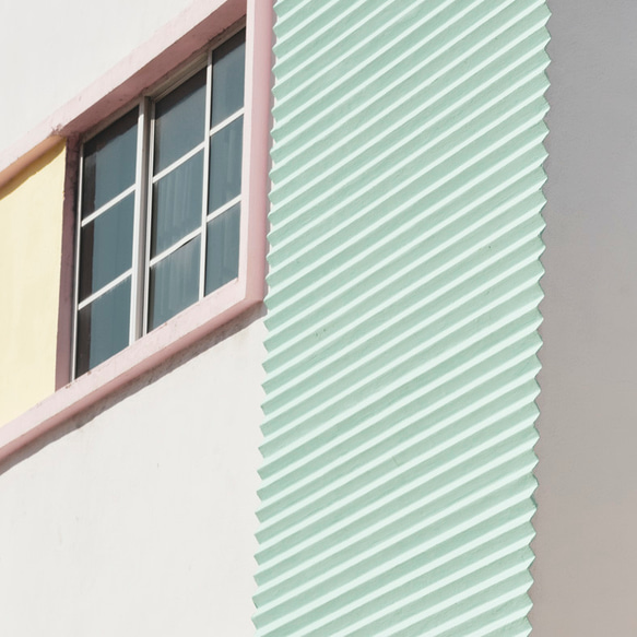 パステルカラーの建物 / アートポスター 横長 テクスチャー インテリア ウェーブ ピンク グリーン イエロー 5枚目の画像