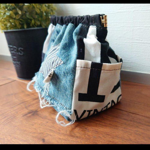 No.345【DENIM✖️ヒッコリーストライプSTAR☆バネ口ポーチ❤️】POPな