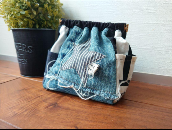 No.345【DENIM✖️ヒッコリーストライプSTAR☆バネ口ポーチ