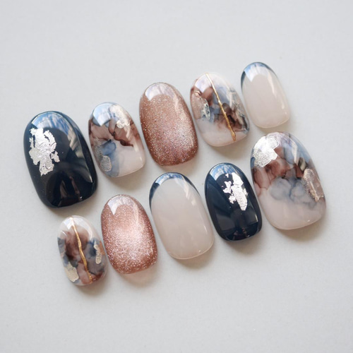 匿名発送】ネイルチップ ニュアンス インク秋チェック推しリボンno.78