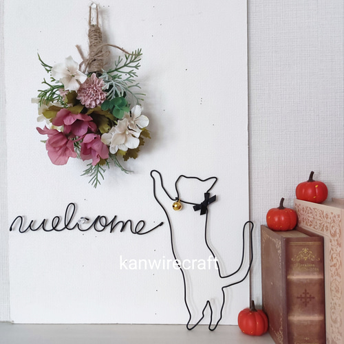 受注制作、オーダー】ワイヤークラフト ワイヤーアート 猫① 鈴