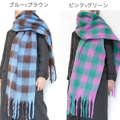 【美品】Traditional Weatherwear ブルーチェックマフラー ふわもこ素材のオーバーサイズドチェックマフラー ブルーX