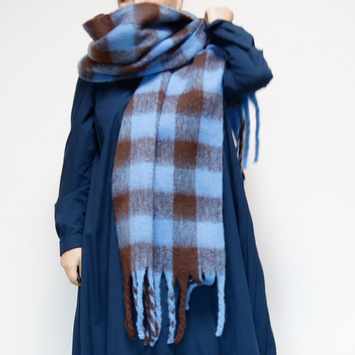 ブラウンブルーチェックマフラー 新品 格子柄マフラー チェック 厚手 暖か ふわふわ マフラー 膝掛け