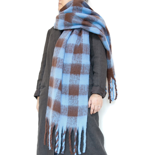 COS モヘヤマフラー ブルーとブラウンのチェック柄 カシミヤ100