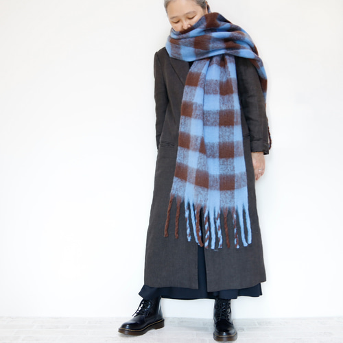 ブラウンブルーチェックマフラー 新品 格子柄マフラー チェック 厚手 暖か ふわふわ マフラー 膝掛け