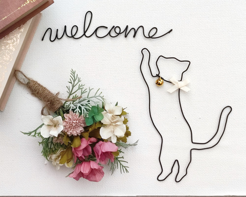 ワイヤーアート ワイヤークラフト ねこ 長毛 表札 ネーム