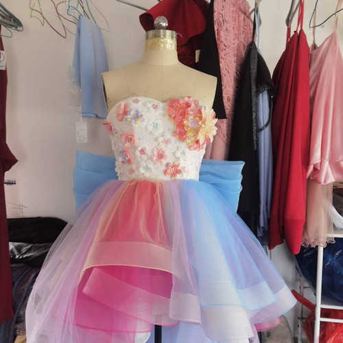 高品質！レインボーカラードレス 虹色 フィッシュテール ショートイン