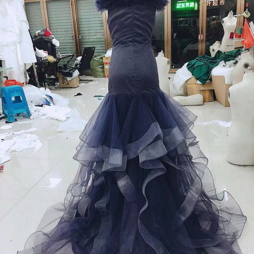 高品質！ネイビー パーティードレス オフショル マーメイドライン  