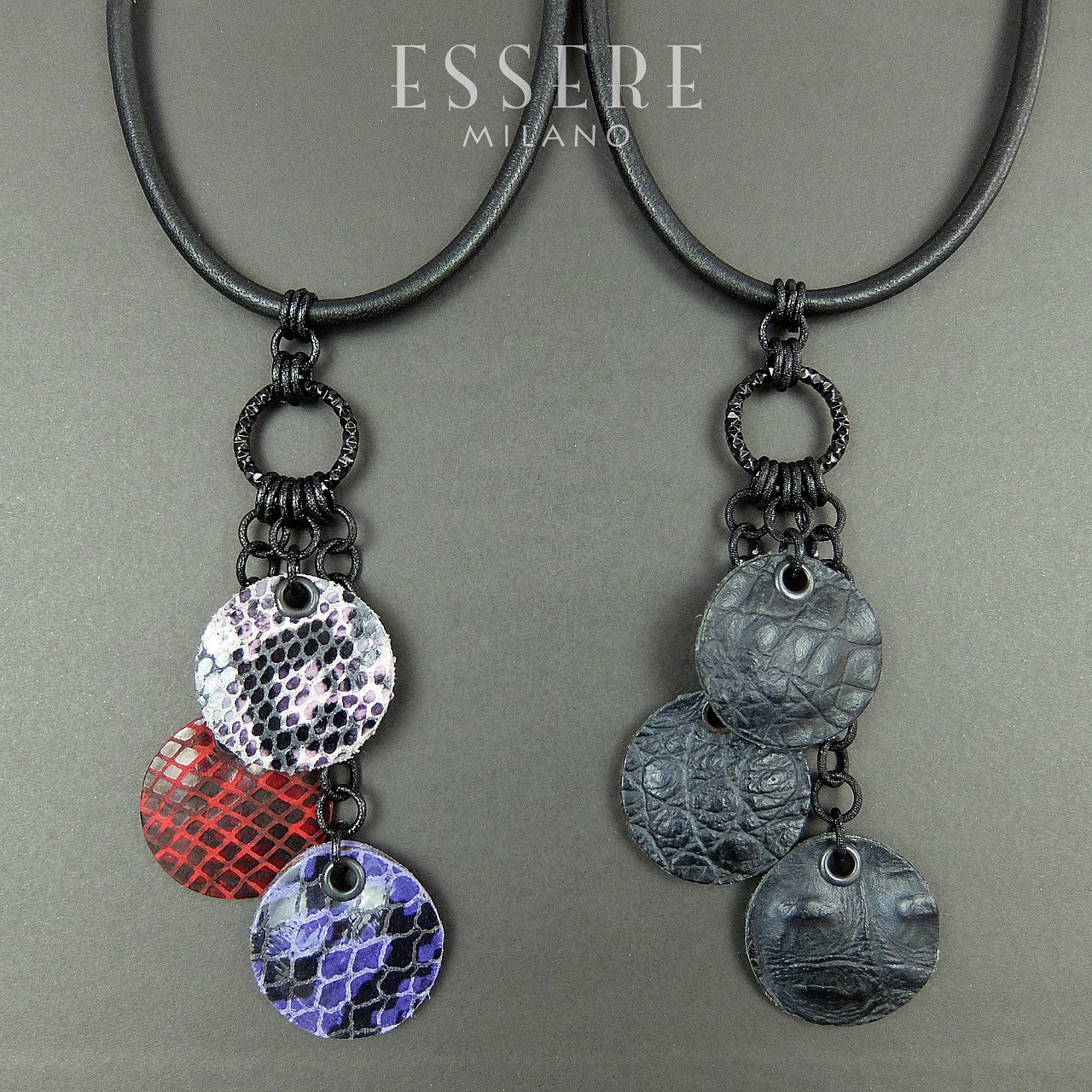 レザーディスクチャーム ネックレス、パイソンとクロコダイル スタンプレザー ネックレス、革カジュアル レディーネックレス