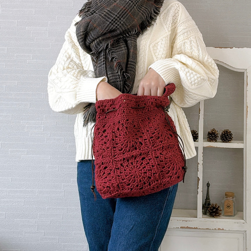 2Wayが嬉しい♡巾着バッグ【ルビーレッド】＼グラニーモチーフ編み