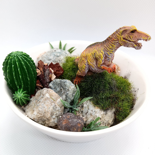 癒し時・感】お皿の中の小さな世界「恐竜」 （プラスチック展示台付き
