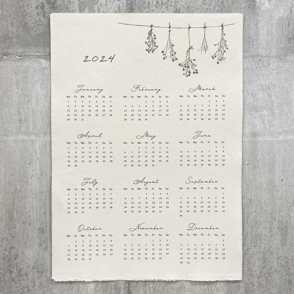 令和6年 キャンバス生地 カレンダー 2024年 布 ファブリック タペストリー ドライフラワー A2 XA078-G 1枚目の画像