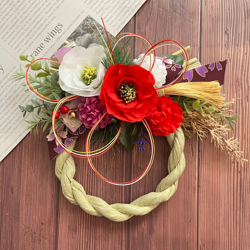 No.250 椿の紅白しめ縄リース2024 ハンドメイドお正月飾り玄関リース