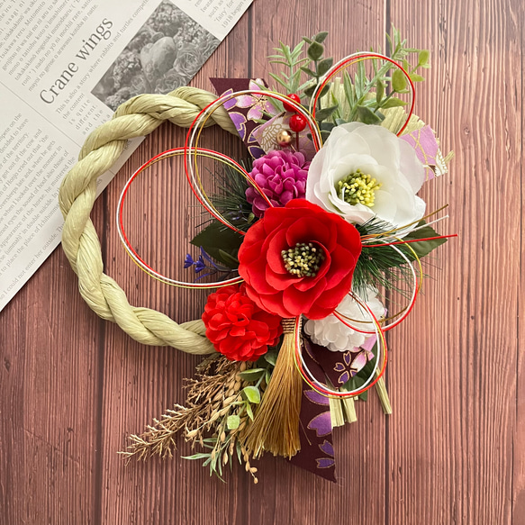 No.wreath-15527☆迎春しめ縄リース(お正月リース) 23-(2) ピンクダリア&椿