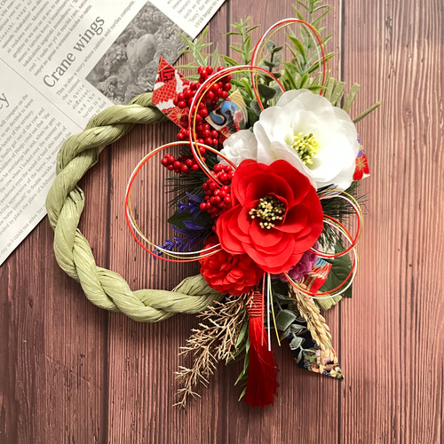 しめ飾り正月リースしめ縄フラワーリース☆*White✖︎Red
