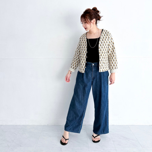 インド綿 ブロックプリントのキルティングジャケット〔オフホワイト