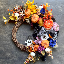 大人可愛いハロウィンリース♪アーティフィシャルフラワーリース♪ No.wreath-15555/特大2wayハロウィンリース24-(6)48x53cm/アーティ