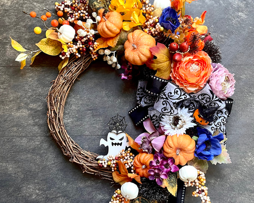 大人可愛いハロウィンリース♪アーティフィシャルフラワーリース♪ 大人可愛い三日月ハロウィンリース♪アーティフィシャルフラワー