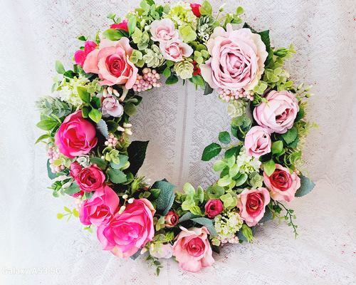 心華やぐ薔薇のリース(35cm)アーティフィシャルフラワー 造花