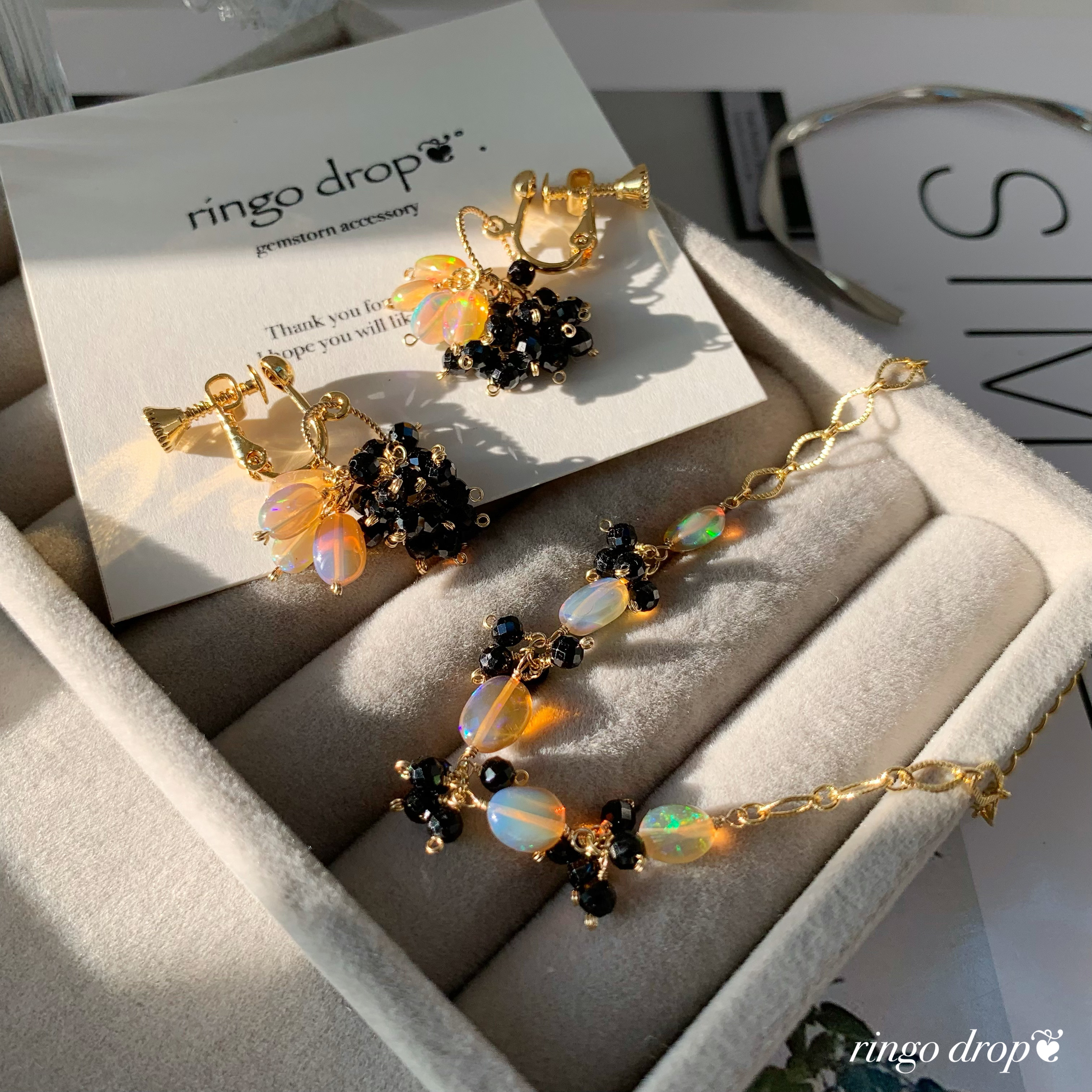 ✴︎Special set✴︎天然石ショートピアス・ブレスレット＊ 秋色プレシャスオパール・ブラックスピネル