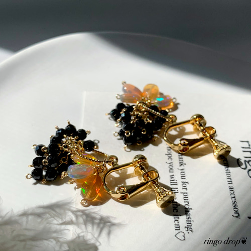 天然石ショートピアス＊秋色オパール・ブラックスピネル 14KGF/16kgp