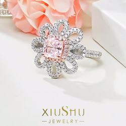 フラワー ライトピンク 高炭素ダイヤモンド キラキラ ゴージャス ヘイローリング 花 ニュアンスカラー シンプル 3枚目の画像