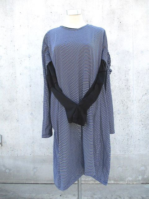 紺×白細ボーダーニット　後ろギャザー片袖フリル花　両脇開き　2WAYワンピース　1点物