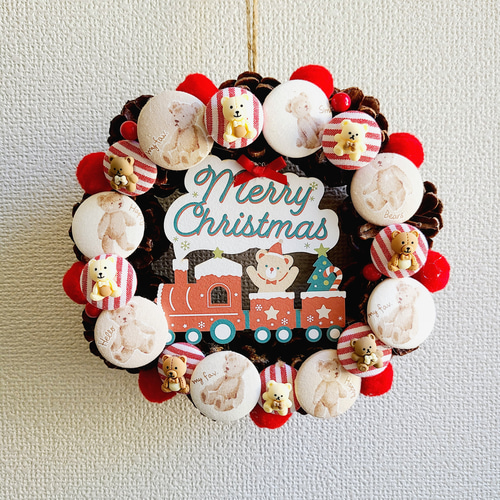 2023年くまちゃんクリスマスリース くるみボタンアレンジ レッド系