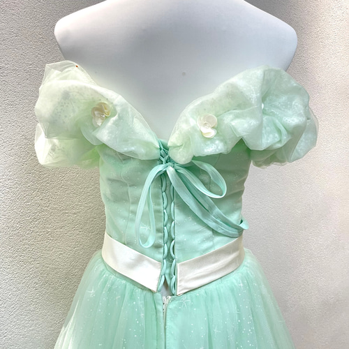 激安ミントグリーン可愛い 繊細レース パフスリーブ オフショルダー  