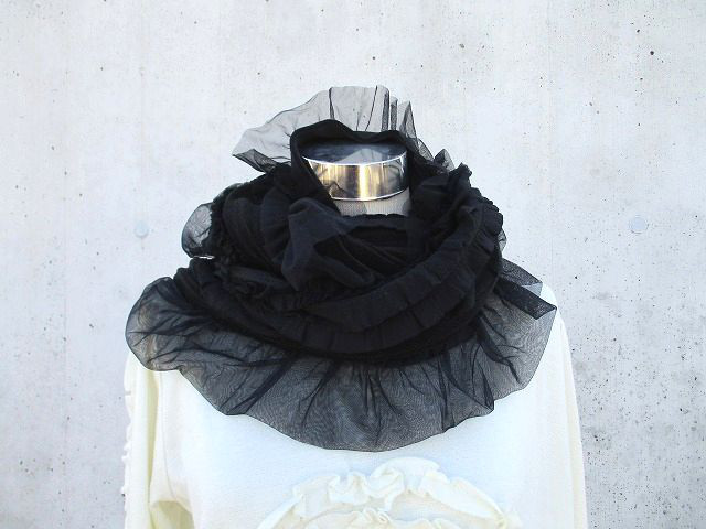 【受注製作】黒ブラック　シルク１００％パイルニット　スヌード　フリルチュールレース　４way着回し可