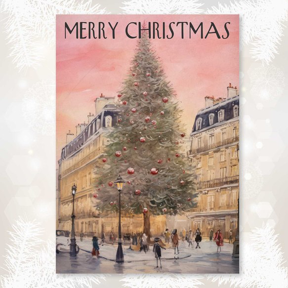 パリ風景とクリスマスツリー ロマンチックな冬の街角イラストポスター ヨーロッパのクリスマスムードをお届け c004 3枚目の画像