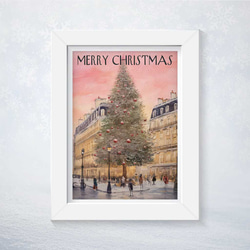パリ風景とクリスマスツリー ロマンチックな冬の街角イラストポスター ヨーロッパのクリスマスムードをお届け c004 1枚目の画像