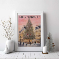パリ風景とクリスマスツリー ロマンチックな冬の街角イラストポスター ヨーロッパのクリスマスムードをお届け c004 2枚目の画像