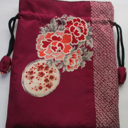 ７４１６　絞りと花柄の着物で作った巾着袋　#送料無料 3枚目の画像
