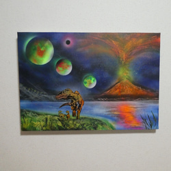 「噴火する火山と恐竜の宇宙舞台：スプレーアート」 1枚目の画像