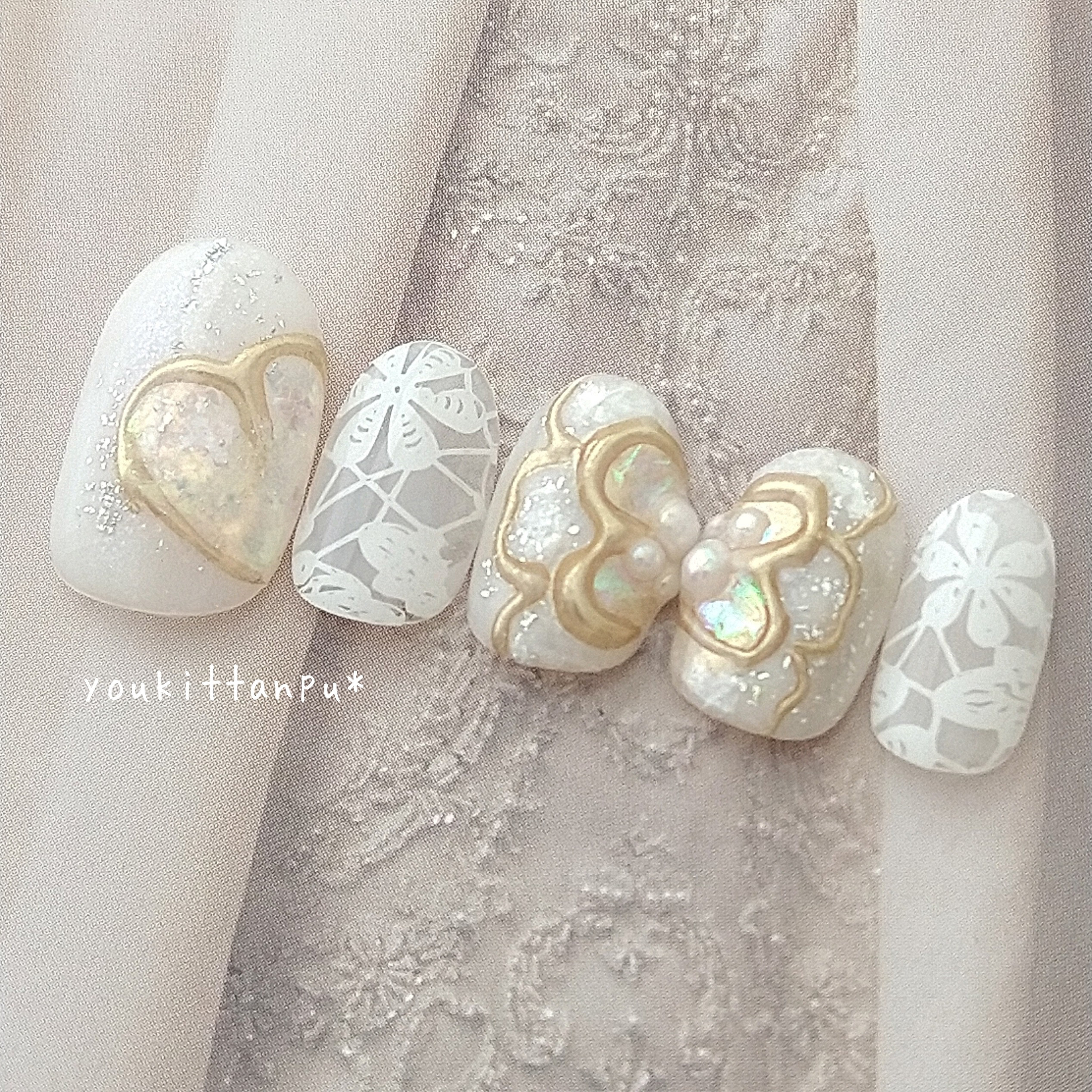 ネイルチップ ミラーフラワー＆レース ♡Ⅰ＊つけ爪 ブライダル 結婚式 ウェディング 白無垢 成人式 振袖 シンプル 花