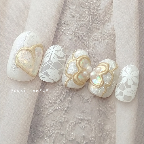 ネイルチップ ミラーフラワー＆レース ♡Ⅰ＊つけ爪 ブライダル 結婚式  